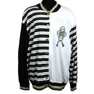 Vintage 80s 90s Aileen Cardigan Nautical Black Gold Stripe Metallic Cotton 2X